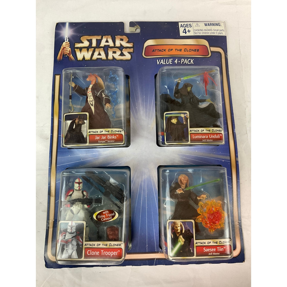 Star Wars Attack Of The Clones Action Figure Value 4 Pack - Jar Jar Binks, Luminara Unduli, Clone Trooper, Saesee Tiin
