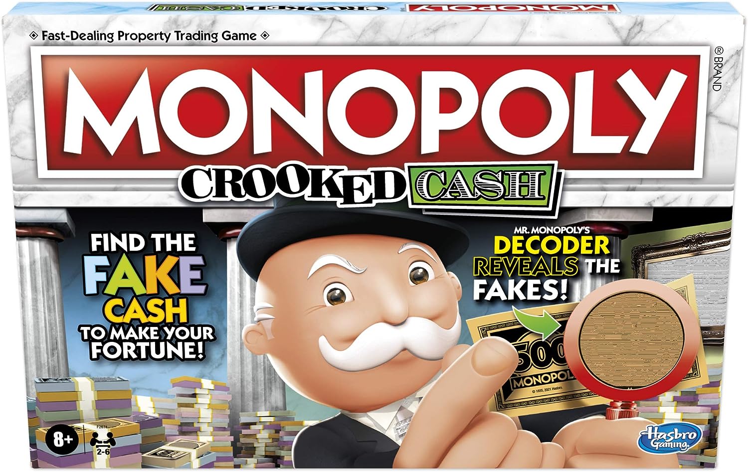 Monopoly Crooked Cash Board Game for Families and Kids Ages 8 and Up, Includes Mr Decoder to Find Fakes, Game for 2-6 Players