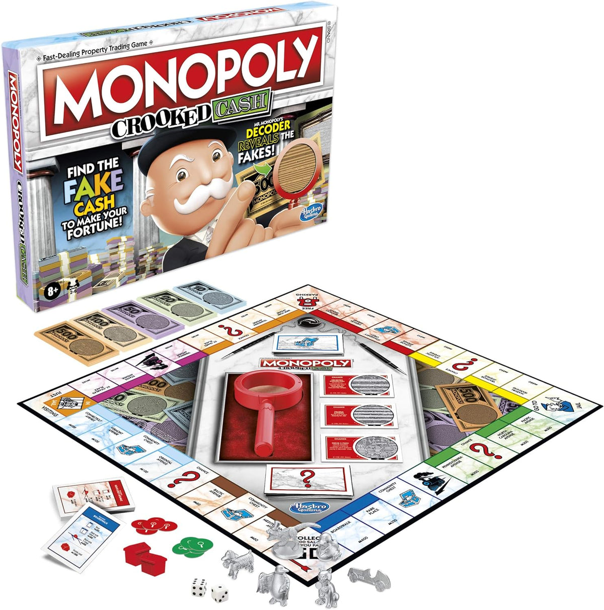 Monopoly Crooked Cash Board Game for Families and Kids Ages 8 and Up, Includes Mr Decoder to Find Fakes, Game for 2-6 Players