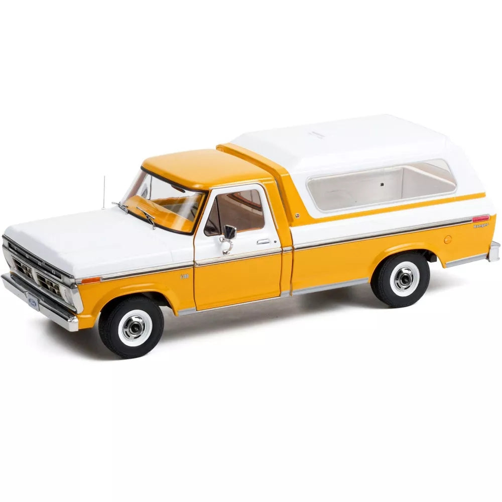 Greenlight 1976 Ford F-100 Ranger Pickup Truck with Deluxe Box Cover Chrome Yellow and Wimbledon White 1/18 Diecast Model Car
