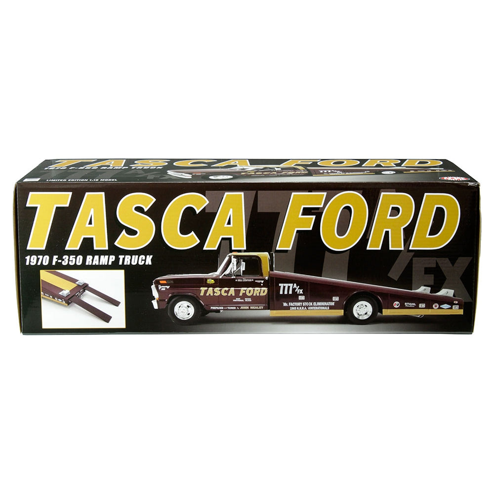 ACME 1:18 1970 Ford F-350 Ramp Truck – Tasca Ford (burgundy and gold)