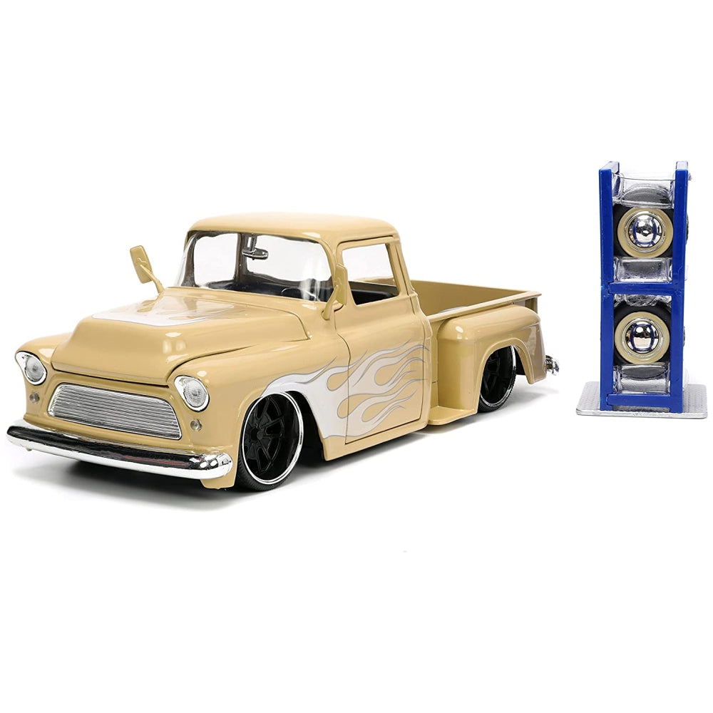 Jada Toys Just Trucks 1:24 1955 Chevy Stepside Pickup Die-cast Car Tan with Tire Rack