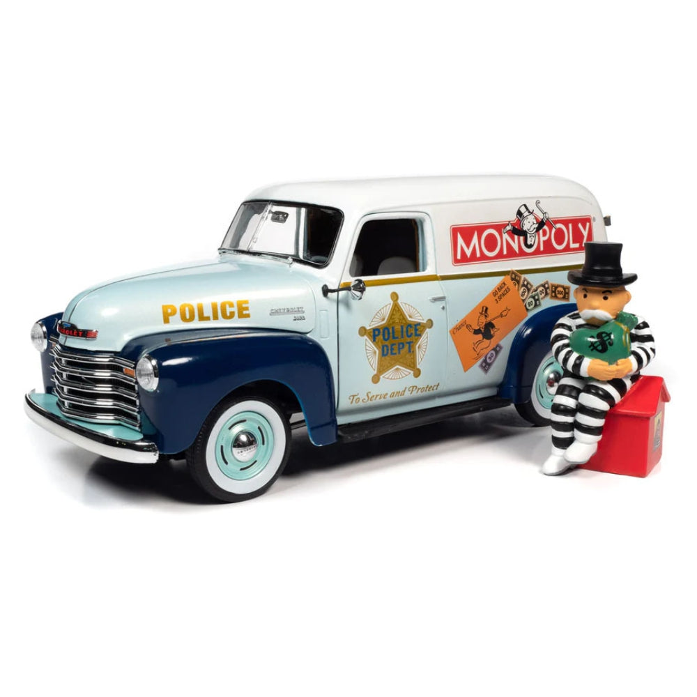 Auto World 1:18 Monopoly 1948 Chevrolet Police Van with Resin Mr. Monopoly Figure – White