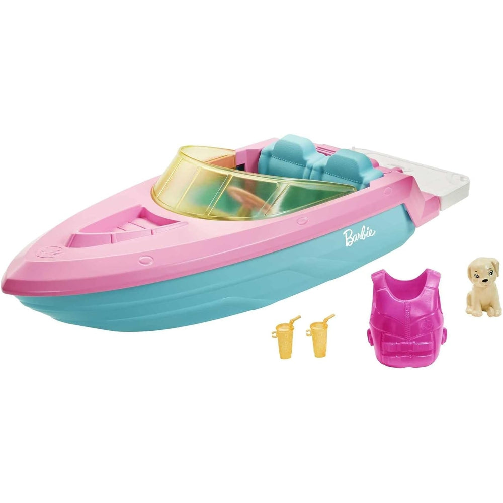 Barbie Toy Boat with Pet Puppy, Life Vest and Beverage Accessories, Fits 3 Dolls and Floats in Water