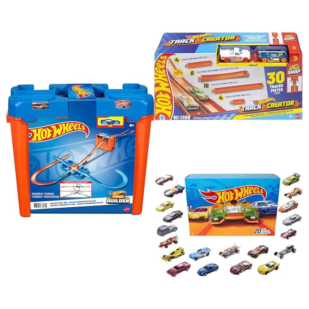 Hot Wheels Deluxe Stunt Box + Track Creator Deluxe Pack + 20-Car Set Bundle – Speed Snap Track & 1:64 Scale Vehicles (Styles May Vary)