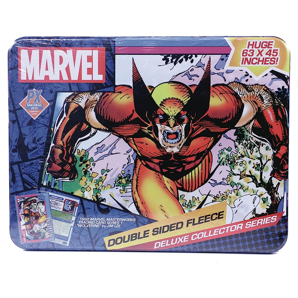 Marvel Wolverine Card PX Deluxe Fleece Blanket and Tin Retro