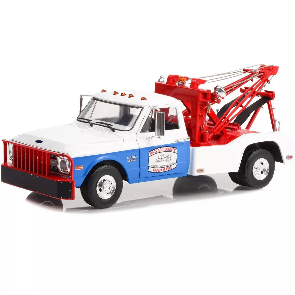 Greenlight 1969 Chevrolet C-30 Dually Wrecker Tow Truck White and Blue "Hazzard County Garage" 1/18 Diecast Model Car