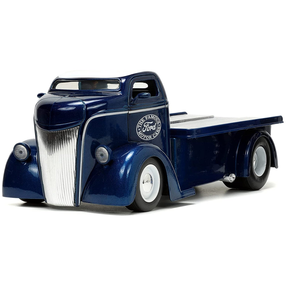 Jada Toys Just Trucks 1:24 1947 Ford COE Flatbed Die-cast Car Dark Blue/White with Tire Rack
