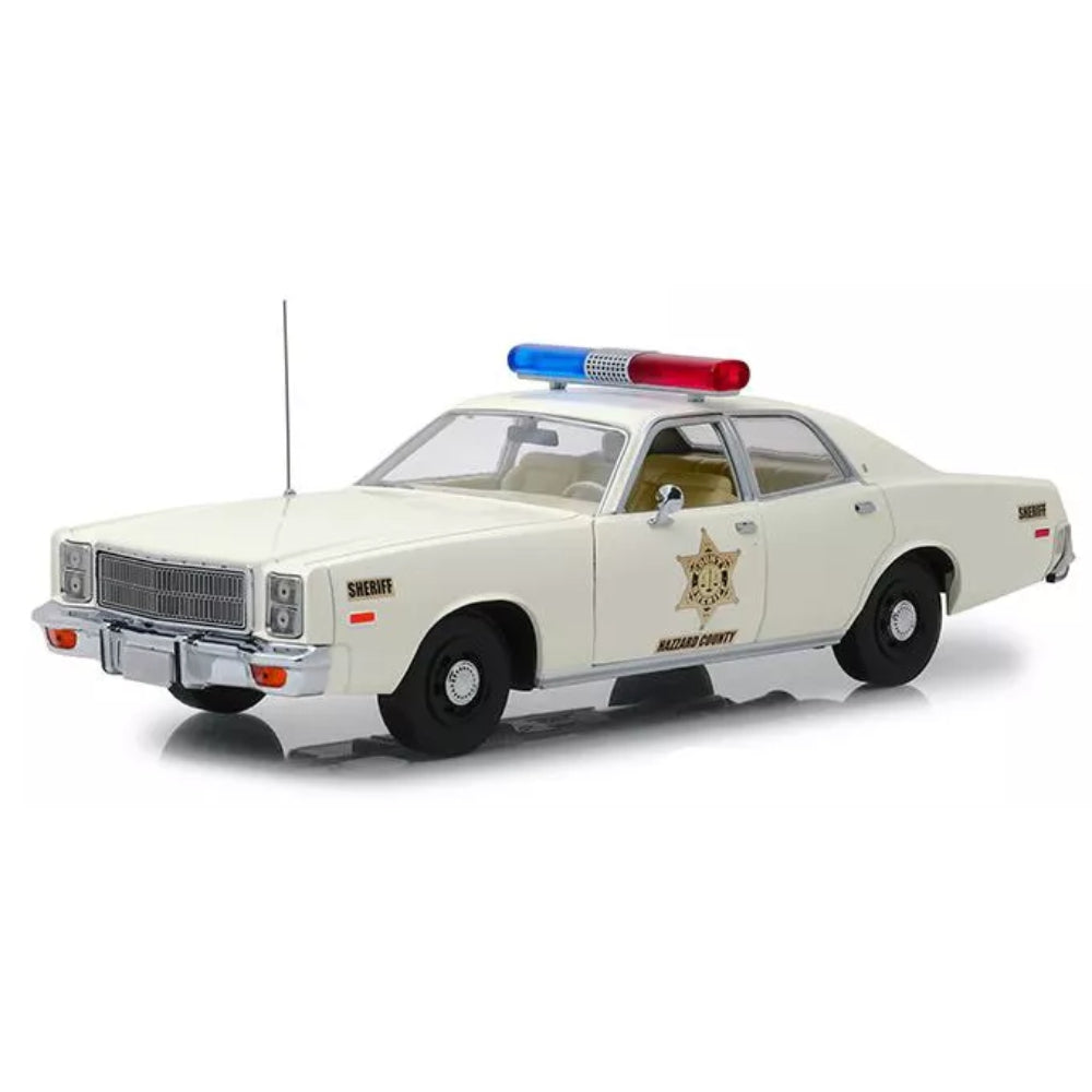 Greenlight 1977 Plymouth Fury "Hazzard County Sheriff" Cream 1/18 Diecast Model Car