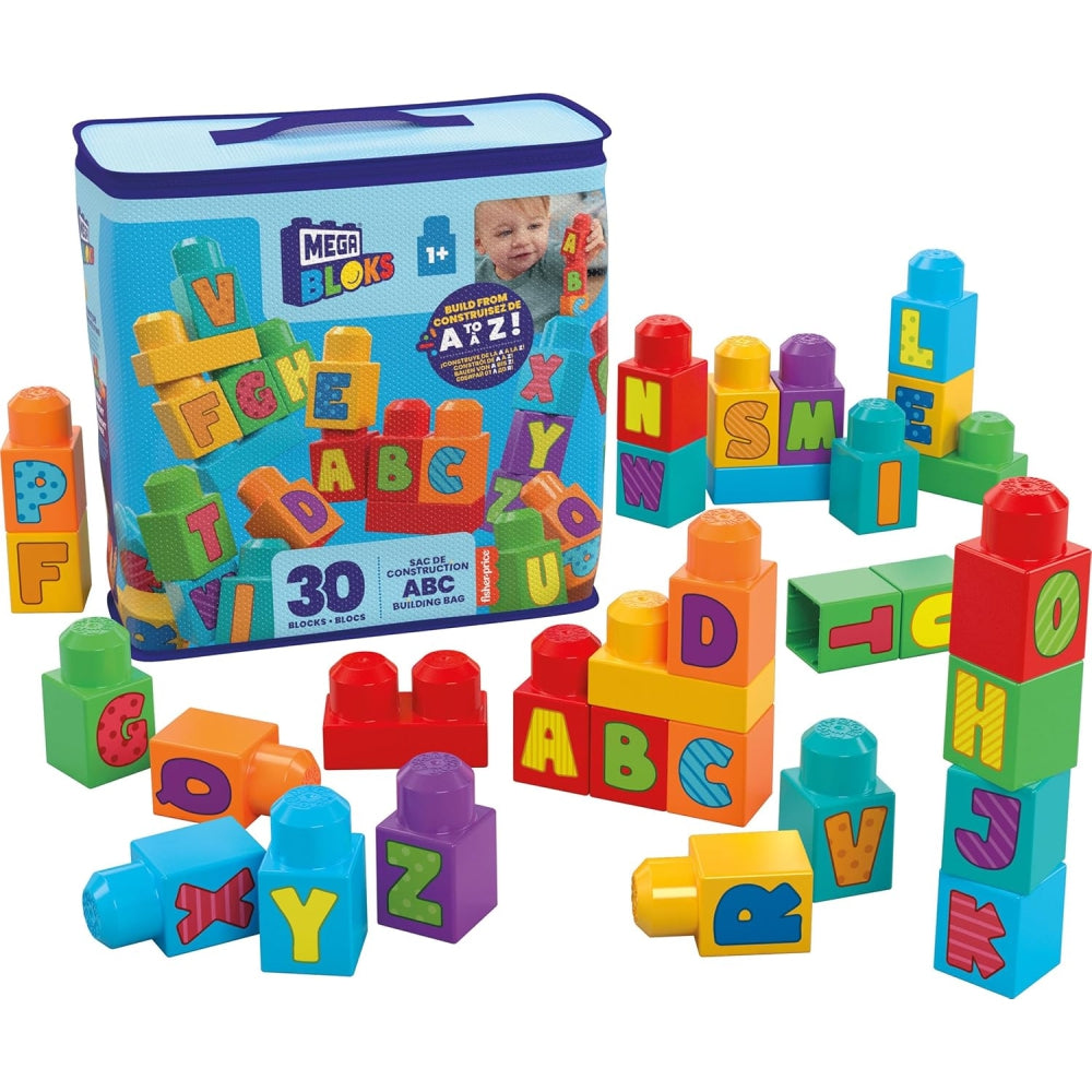 MEGA BLOKS ABC Building Bag – 30-Piece Toddler Building Blocks Set with Letters (Ages 1+)
