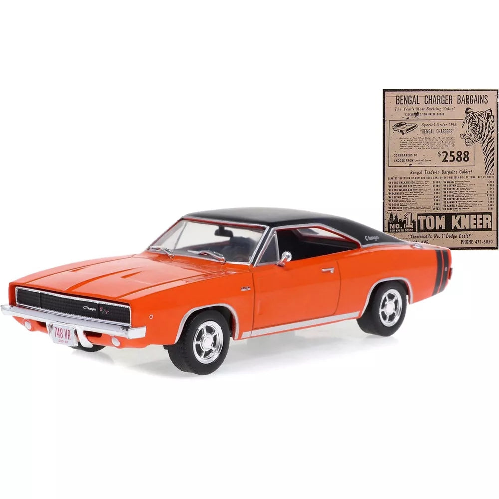 Greenlight 1968 Dodge Charger R/T Orange w/Black Top & Tail Stripes "Tom Kneer Dodge Cincinnati Ohio" 1/43 Diecast Model Car