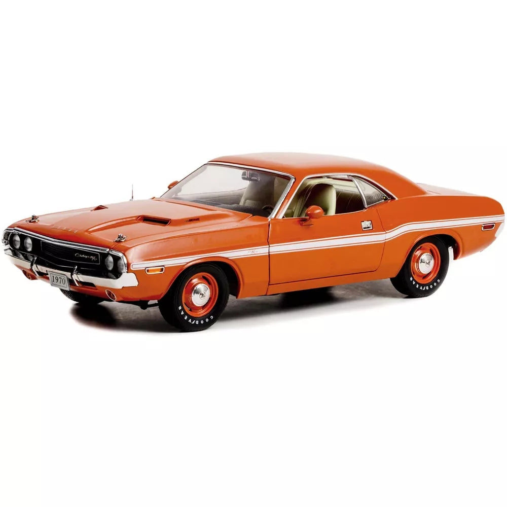 Greenlight 1970 Dodge Challenger R/T Go Mango Orange with White Stripes 1/18 Diecast Model Car
