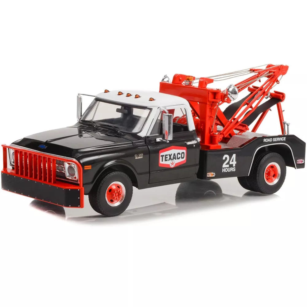 Greenlight 1970 Chevrolet C-30 Dually Wrecker Tow Truck "Texaco 24 Hr Road Service" Black w/White Top 1/18 Diecast Model Car