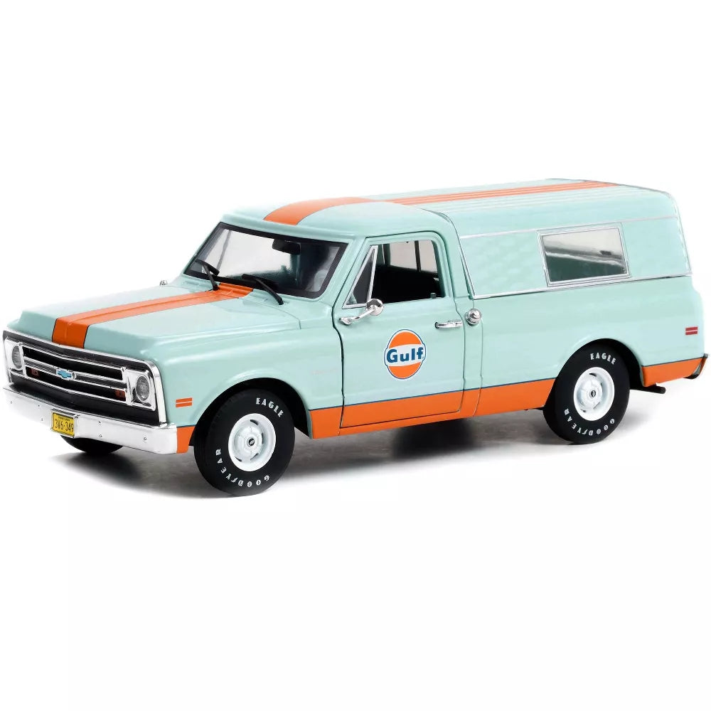 1968 Chevrolet C-10 Pickup Truck Light Blue with Orange Stripes w/Camper Shell &quot;Gulf Oil&quot; 1/24 Diecast Model Car