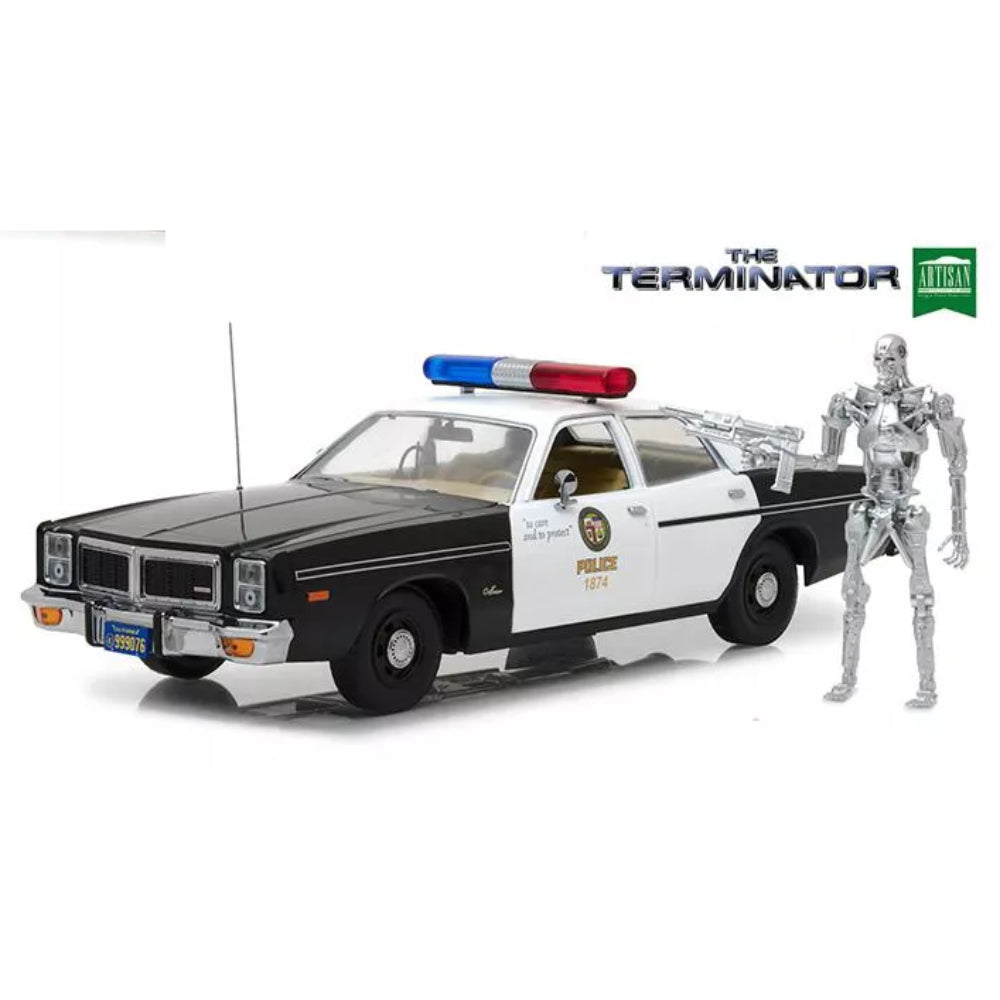 Greenlight 1977 Dodge Monaco Metropolitan Police with T-800 Endoskeleton Figurine "The Terminator" (1984) Movie 1/18