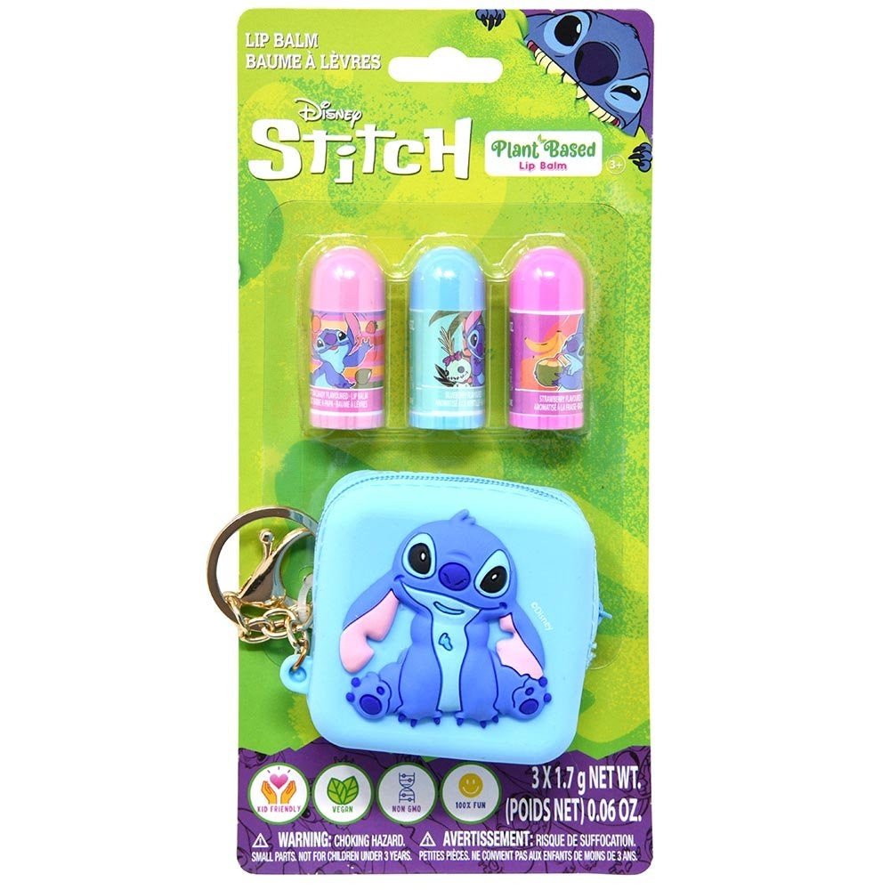 Disney Stitch 3-Pack Plant-Based Lip Balm Set with Stitch Coin Purse & Keychain | Kid-Friendly & Vegan