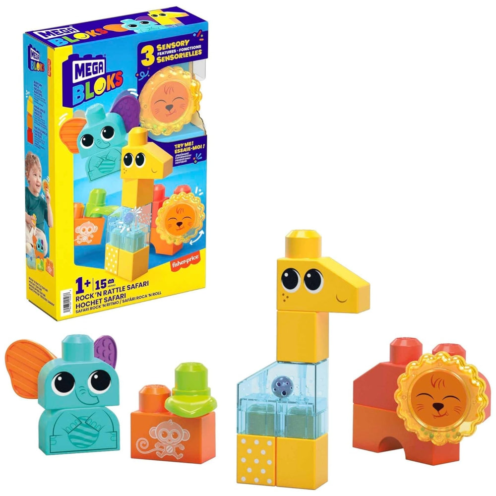 MEGA BLOKS Fisher-Price Rock ‘n Rattle Safari – Toddler Building Blocks Set (15 Pieces, 3 Buildable Animals, Ages 1+)