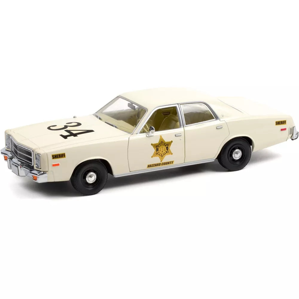 Greenlight 1977 Plymouth Fury Cream #34 Riverton Sheriff "Hazzard County" 1/18 Diecast Model Car
