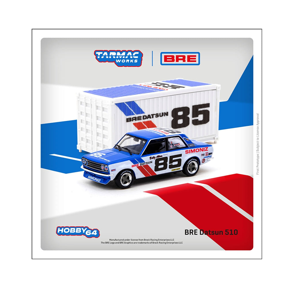 Tarmac Works 1:64 BRE Datsun 510 #85 (Two-Tone Blue/White) with Container