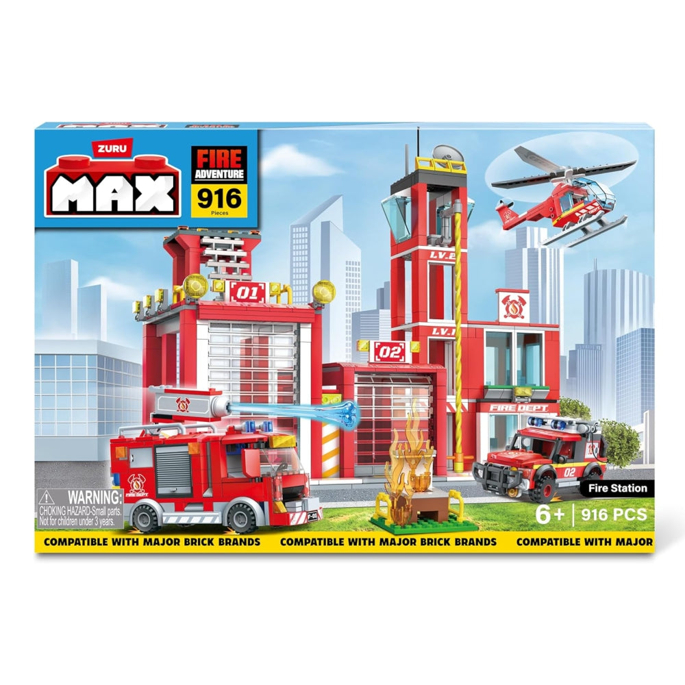 ZURU MAX Adventure Fire Rescue Playset — 916+ Piece Fire Station Building Bricks Set