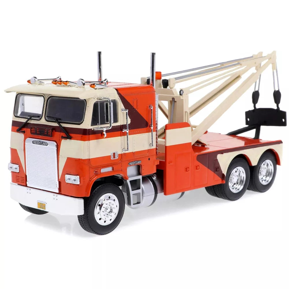 Greenlight 1984 Freightliner FLA 9664 Tow Truck Orange and White with Brown Graphics 1/43 Diecast Model Car