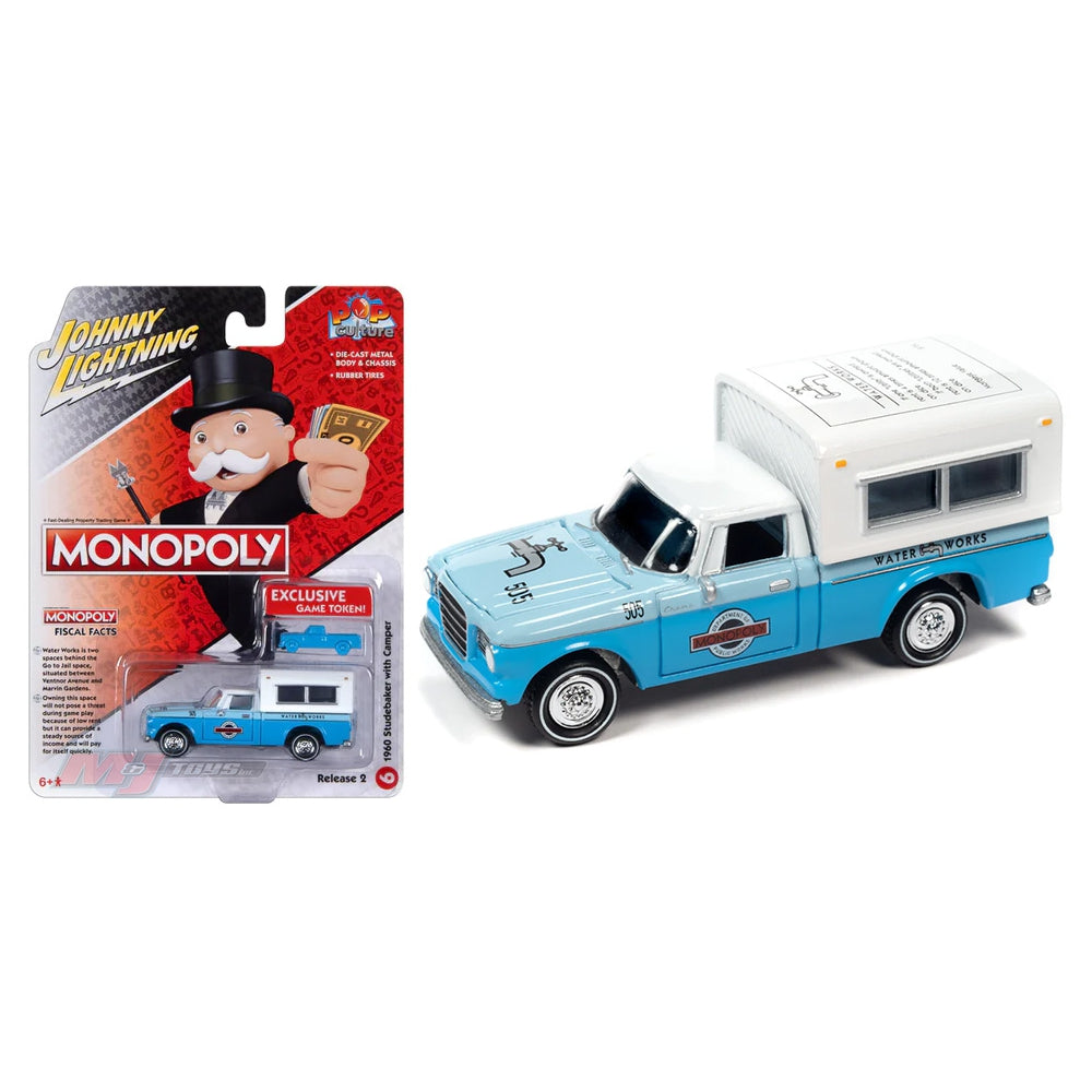 Johnny Lightning 1:64 Monopoly Water Works 1960 Studebaker with Camper – White/Blue