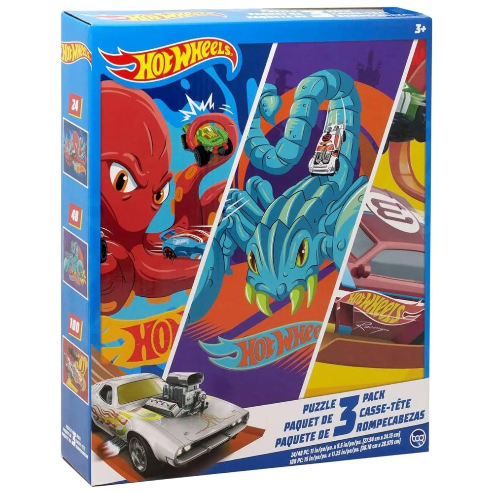 Hot Wheels Kids Puzzle 3-Pack – 24, 48 & 100 Piece Jigsaw Puzzle Set (Ages 3+)