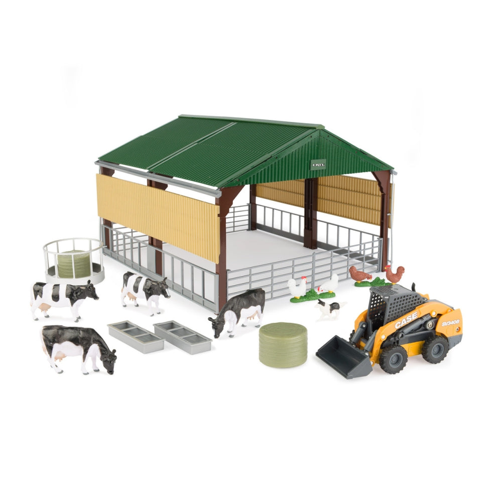 1:32 Livestock Building with Case SV340B Skid Loader and Accessories