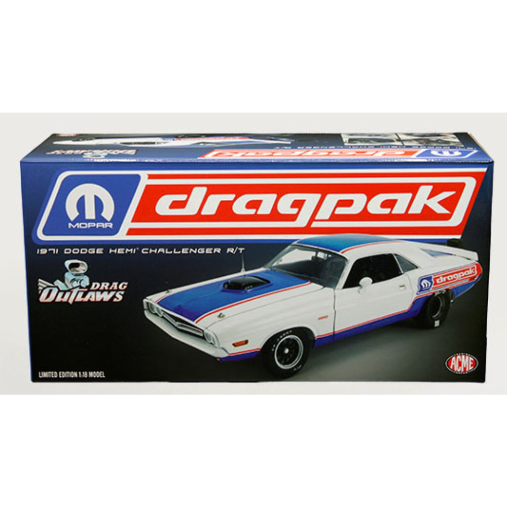 ACME 1:18 1971 Dodge HEMI Challenger R/T – MOPAR Drag Pak – Drag Outlaws (White/Blue/Red)