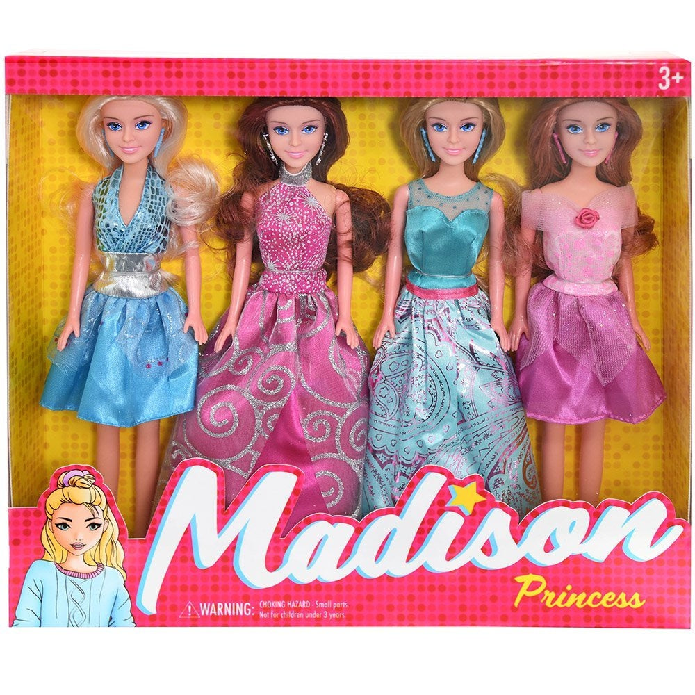 Madison Princess 4-Pack Fashion Dolls — 11″ Dolls with Elegant Dresses & Accessories | Pretend Play Gift Set (Ages 3+)