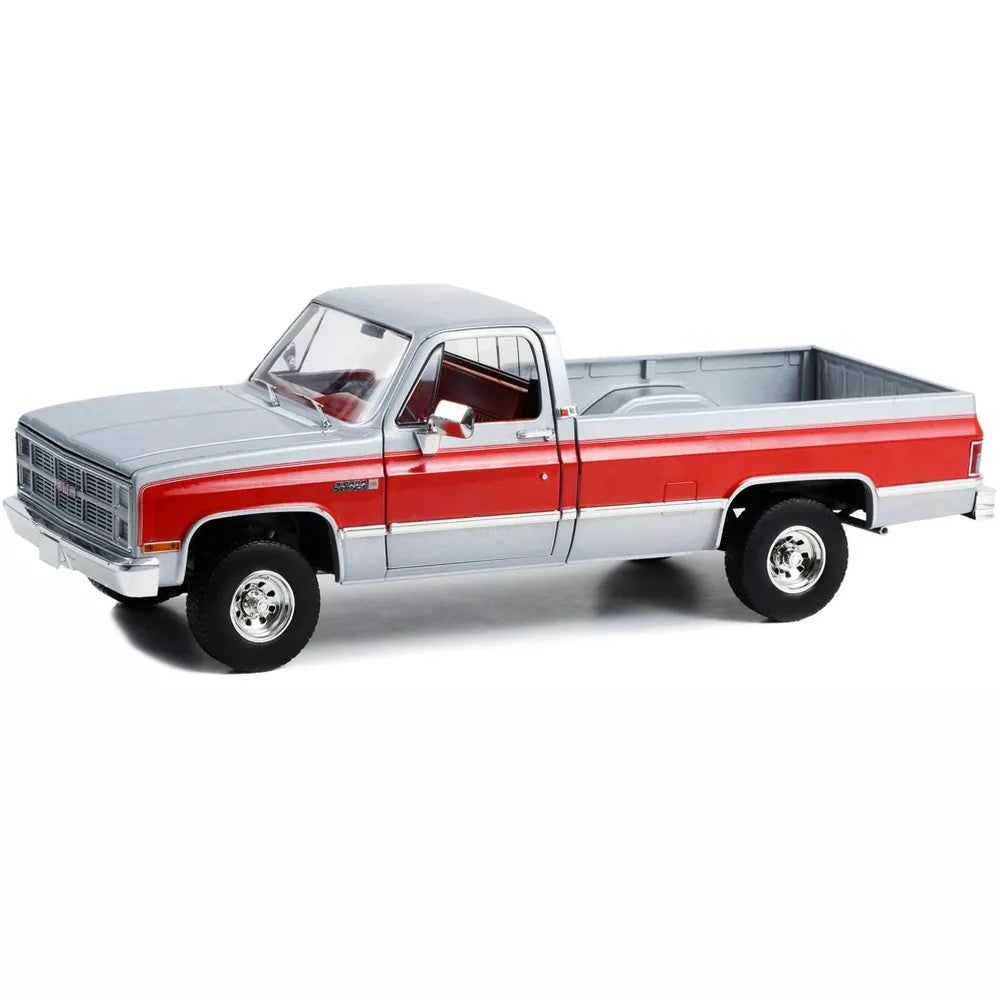 Greenlight 1984 GMC K-2500 Sierra Grande Wideside Pickup Truck Silver Metallic and Red w/Red Interior 1/18 Diecast Model Car