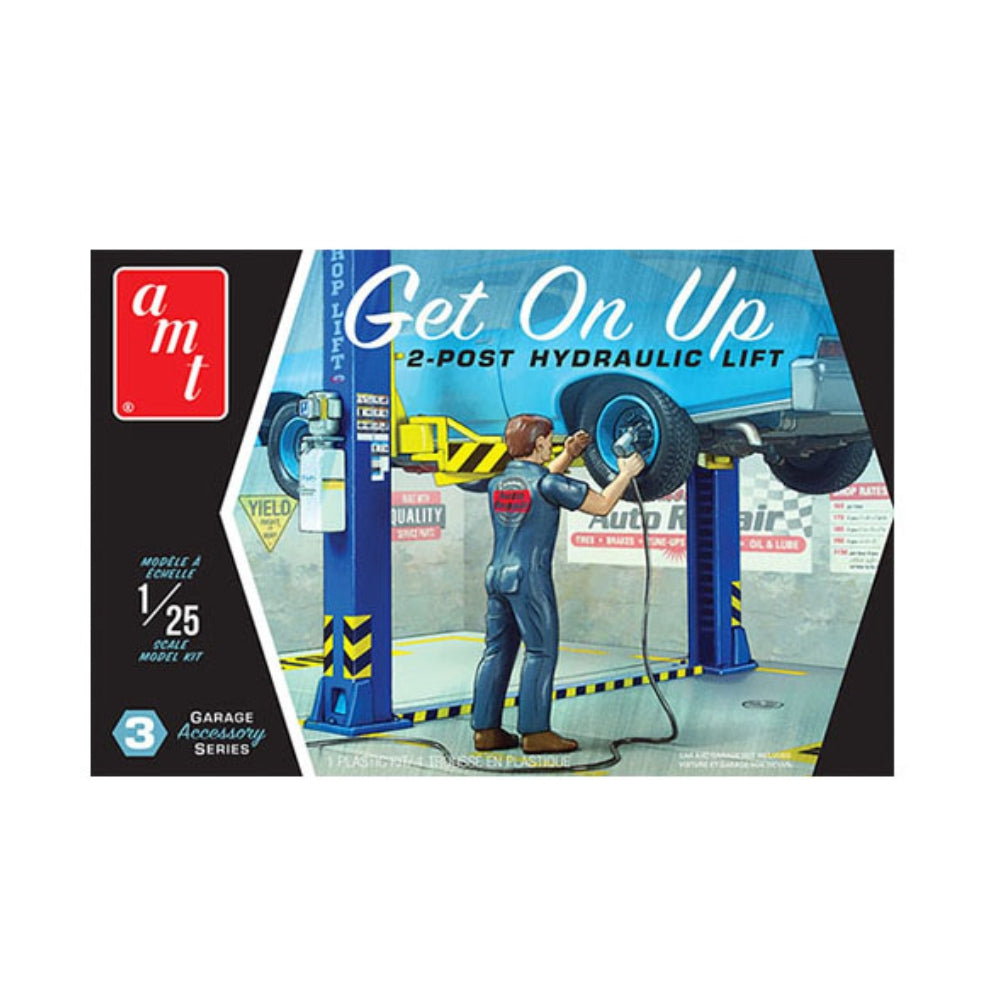 AMT Model Kit 1:25 Garage Accessory Series 3 – Get On Up 2 Post Hydraulic Lift with Figure
