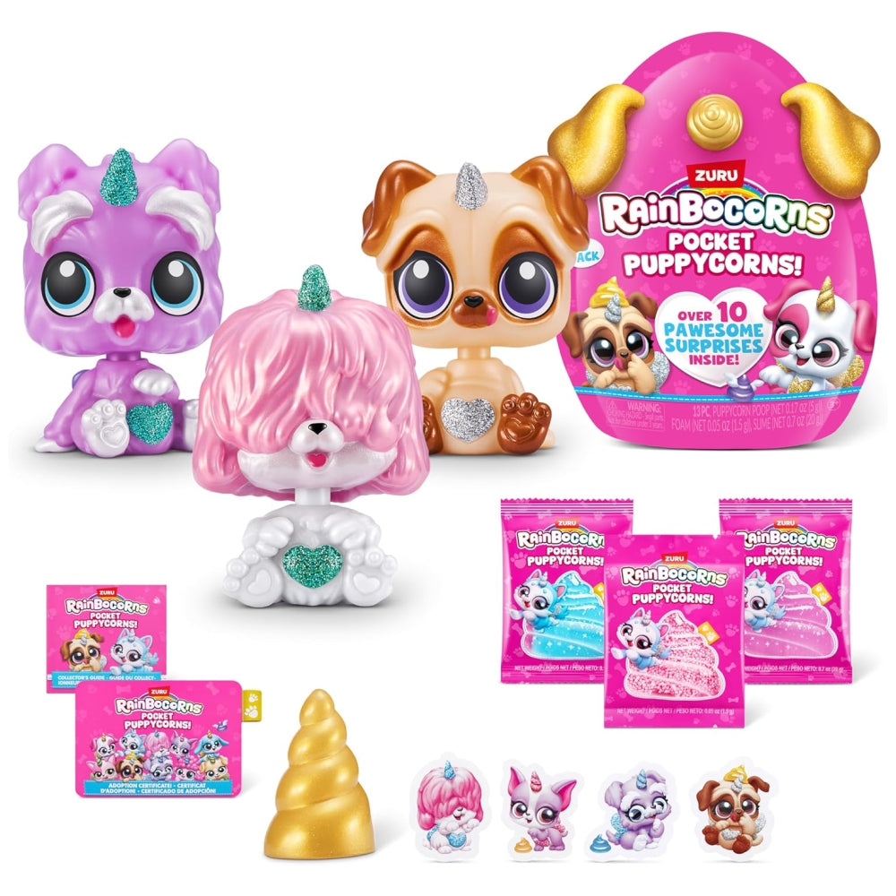 Rainbocorns Pocket Puppycorn 3-Pack – Mini Puppy Plush Unboxing Surprise Set by ZURU (Assorted)