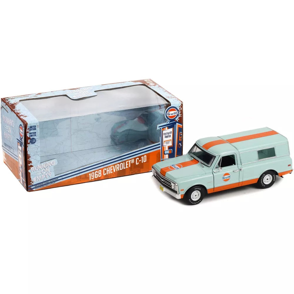 1968 Chevrolet C-10 Pickup Truck Light Blue with Orange Stripes w/Camper Shell &quot;Gulf Oil&quot; 1/24 Diecast Model Car
