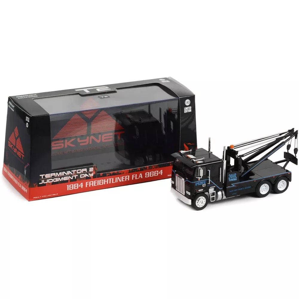 Greenlight 1984 Freightliner FLA 9664 Tow Truck Black &quot;Terminator 2: Judgment Day&quot; (1991) Movie 1/43 Diecast Model Car