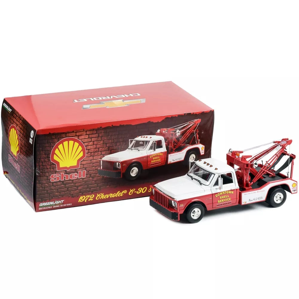 Greenlight 1972 Chevrolet C-30 Dually Wrecker Tow Truck &quot;Downtown Shell Service&quot; White and Red 1/18 Diecast Model Car