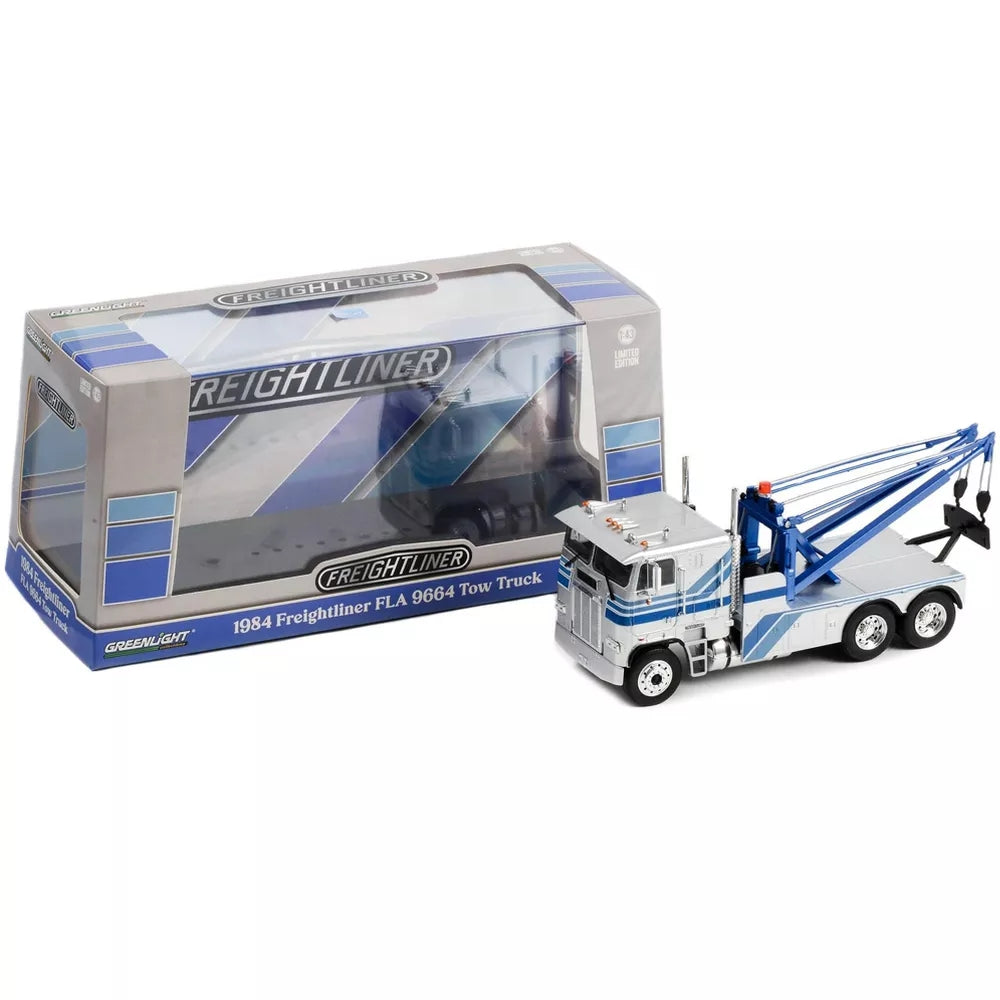 Greenlight 1984 Freightliner FLA 9664 Tow Truck Silver with Blue Stripes 1/43 Diecast Model Car
