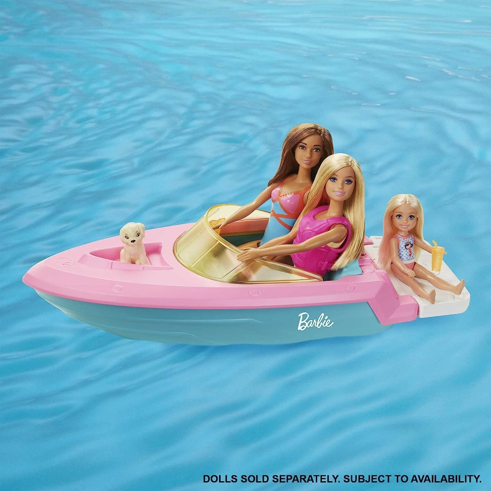 Barbie Toy Boat with Pet Puppy, Life Vest and Beverage Accessories, Fits 3 Dolls and Floats in Water