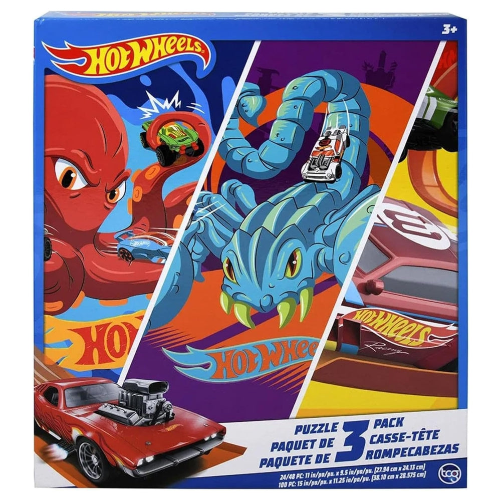 Hot Wheels Kids Puzzle 3-Pack – 24, 48 & 100 Piece Jigsaw Puzzle Set (Ages 3+)