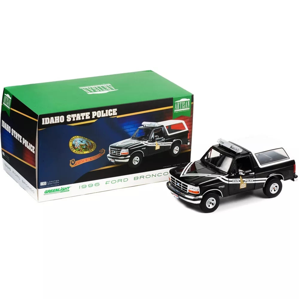 Greenlight 1996 Ford Bronco Black and White &quot;Idaho State Police&quot; &quot;Artisan Collection&quot; 1/18 Diecast Model Car