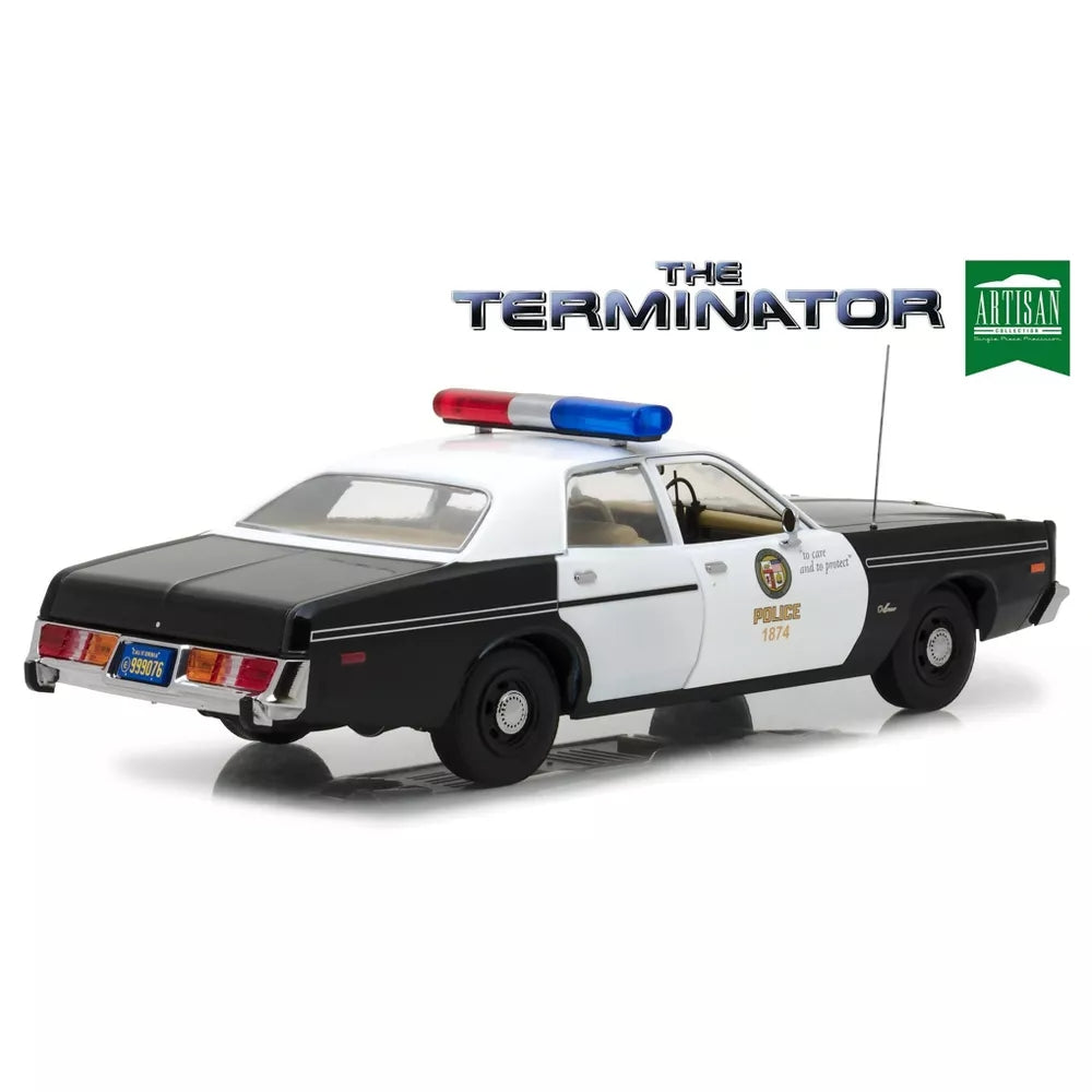 Greenlight 1977 Dodge Monaco Metropolitan Police with T-800 Endoskeleton Figurine &quot;The Terminator&quot; (1984) Movie 1/18