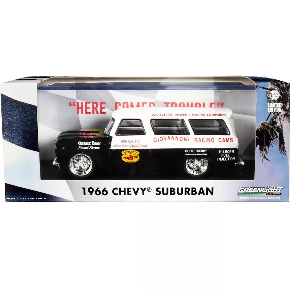 Greenlight 1966 Chevrolet Suburban Black &amp; White &quot;Don Garlits&#39; Speed Shop Tampa Florida&quot; 1/43 Diecast Model Car