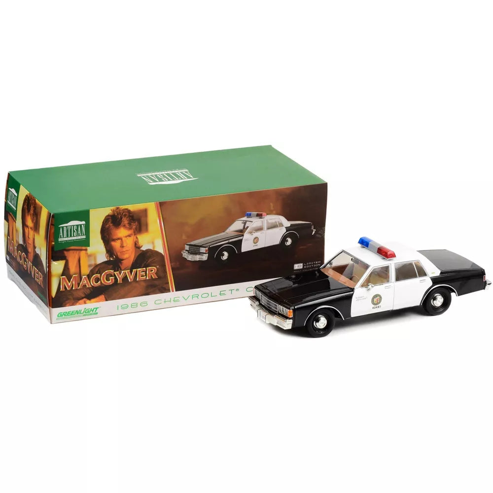 Greenlight 1986 Chevrolet Caprice Black and White LAPD "MacGyver" (1985-1992) TV "Artisan Collection" 1/18 Diecast Model Car