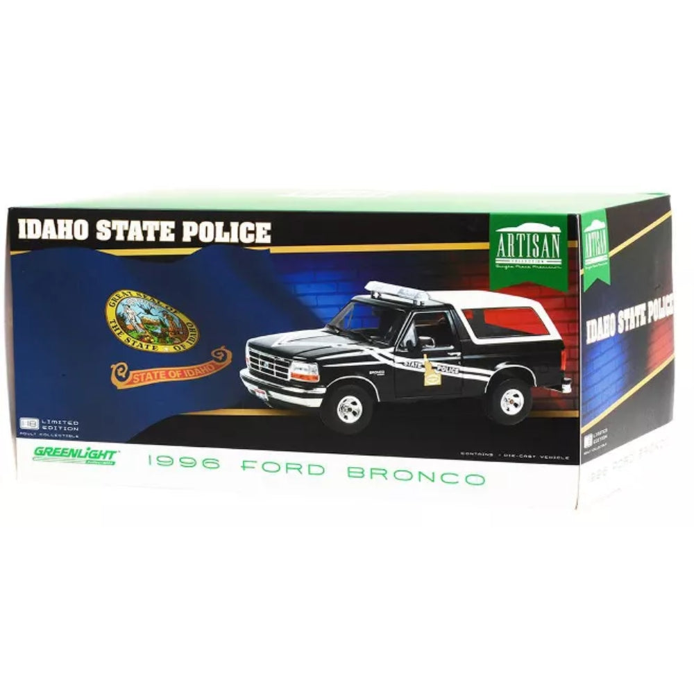 Greenlight 1996 Ford Bronco Black and White &quot;Idaho State Police&quot; &quot;Artisan Collection&quot; 1/18 Diecast Model Car