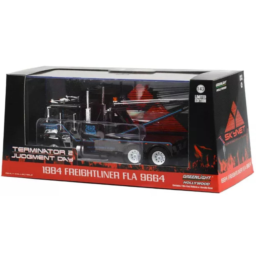 Greenlight 1984 Freightliner FLA 9664 Tow Truck Black &quot;Terminator 2: Judgment Day&quot; (1991) Movie 1/43 Diecast Model Car