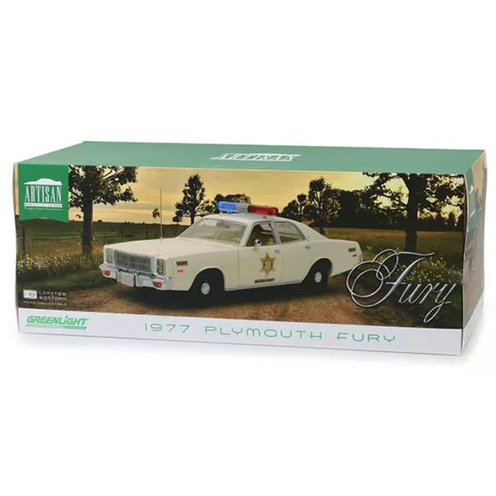 Greenlight 1977 Plymouth Fury &quot;Hazzard County Sheriff&quot; Cream 1/18 Diecast Model Car