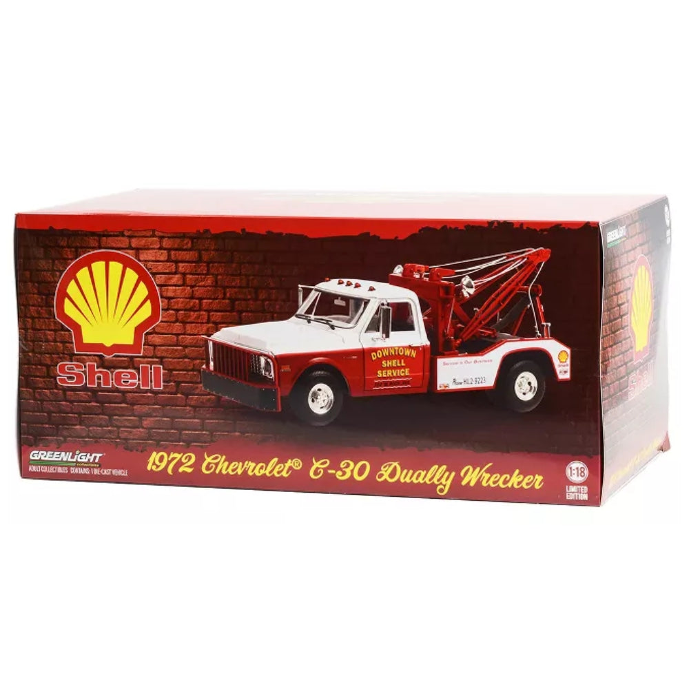 Greenlight 1972 Chevrolet C-30 Dually Wrecker Tow Truck &quot;Downtown Shell Service&quot; White and Red 1/18 Diecast Model Car