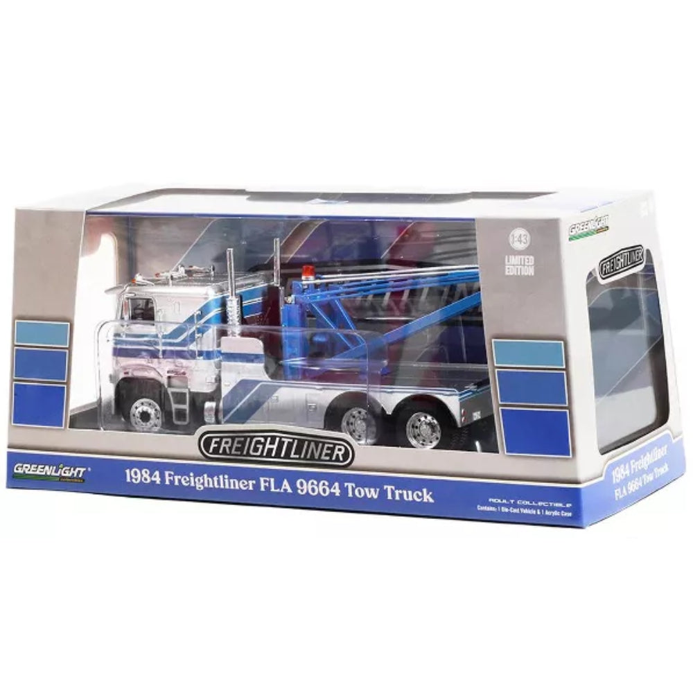 Greenlight 1984 Freightliner FLA 9664 Tow Truck Silver with Blue Stripes 1/43 Diecast Model Car