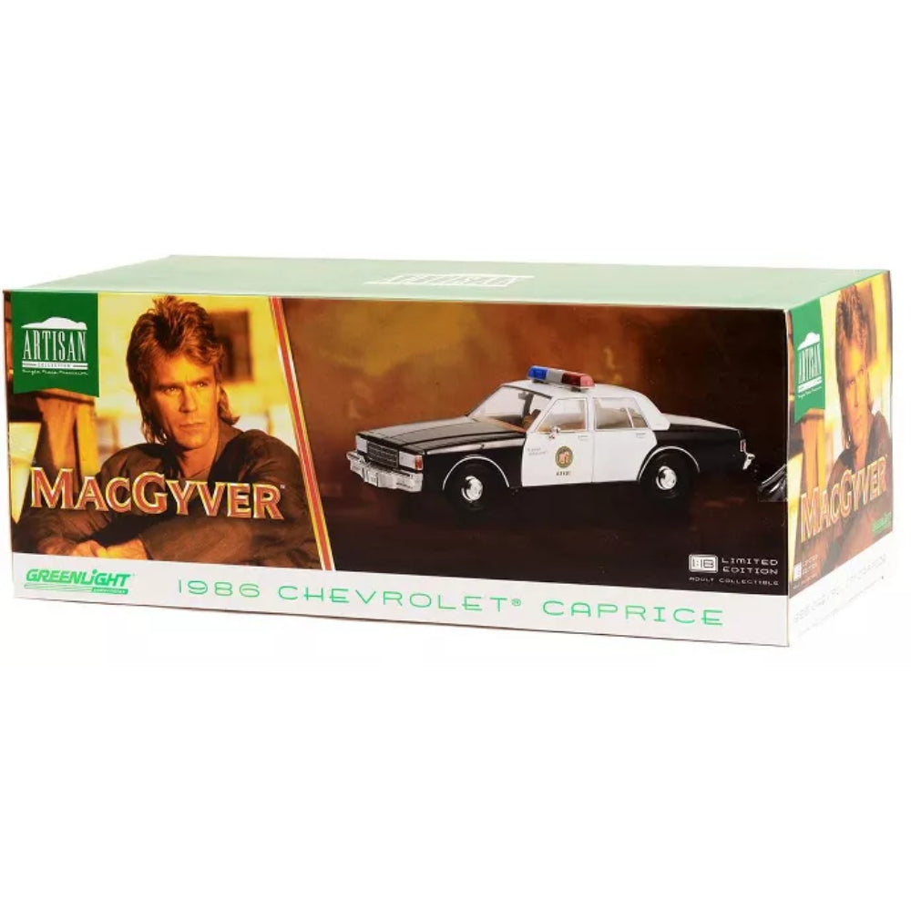 Greenlight 1986 Chevrolet Caprice Black and White LAPD "MacGyver" (1985-1992) TV "Artisan Collection" 1/18 Diecast Model Car
