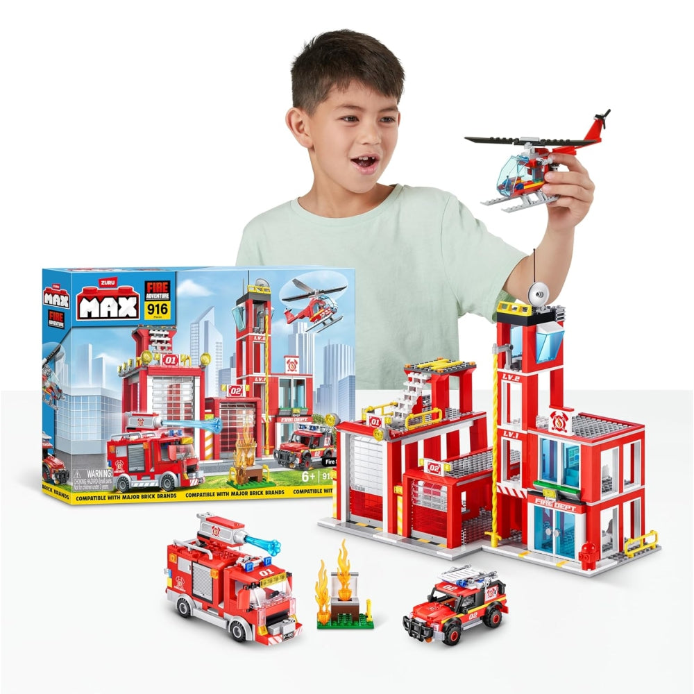 ZURU MAX Adventure Fire Rescue Playset — 916+ Piece Fire Station Building Bricks Set